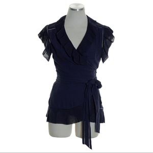 DVF Marcelo Silk Ruffle Wrap Blouse Navy (Size 0)